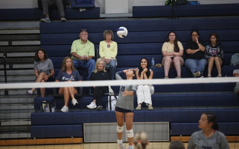 Elbert volleyball freshman Alexa Vargas (10) serves the ball. (File photo by Bo Underwood)