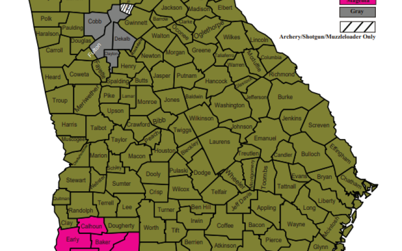 Counties in green, including Elbert County, are getting the rare opportunity to hunt antlerless deer with firearms on private land Oct. 4 and Oct. 5. (Photo courtesy of Georgia DNR)