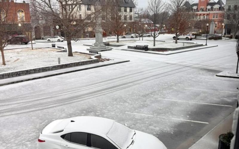 The view from the historic Bailey Building on the downtown square shows Elberton's downtown square covered in ice and snow after Winter Storm Fern came through Elbert County Sunday. (Photo by Lindsay Herring)