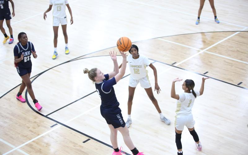 Audrey Lunsford puts up a contested jump shot. (File photo by Bo Underwood)