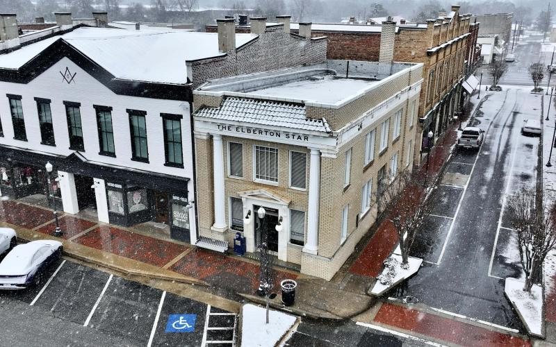 Aerial photos of the downtown square show the snowfall that came through Elbert County over the weekend. The winter storm was the second in two weeks. (Photo courtesy of Joe Dawson)