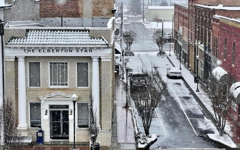 Aerial photos of the downtown square show the snowfall that came through Elbert County over the weekend. The winter storm was the second in two weeks. (Photo courtesy of Joe Dawson)