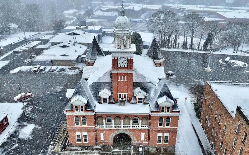Aerial photos of the downtown square show the snowfall that came through Elbert County over the weekend. The winter storm was the second in two weeks. (Photo courtesy of Joe Dawson)
