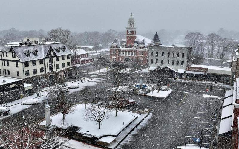 Aerial photos of the downtown square show the snowfall that came through Elbert County over the weekend. The winter storm was the second in two weeks. (Photo courtesy of Joe Dawson)