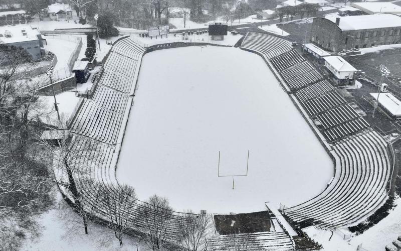 Aerial photos of the downtown square show the snowfall that came through Elbert County over the weekend. The winter storm was the second in two weeks. (Photo courtesy of Joe Dawson)