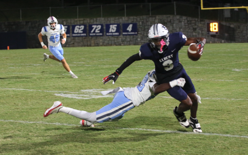Winn breaks a tackle during Elbert County's 43-9 win over Providence Christian Academy October 3, 2025. (Photo by Bo Underwood)