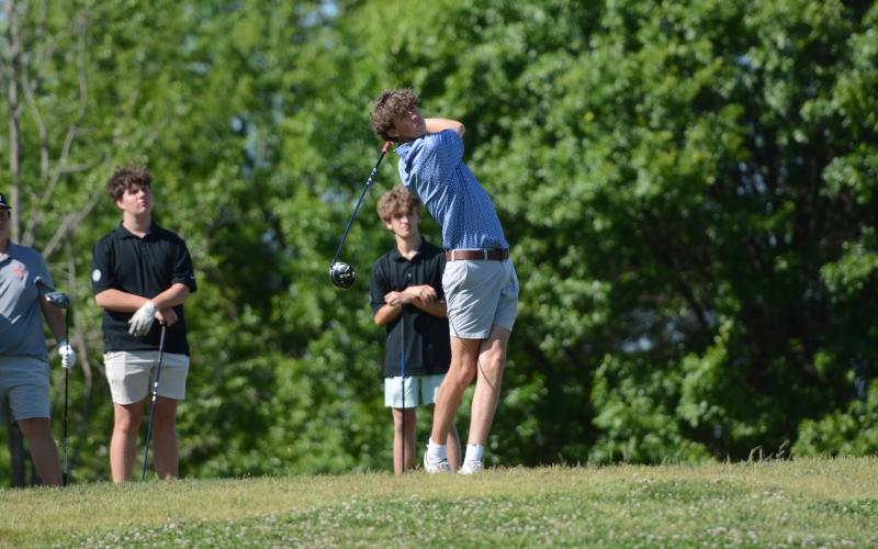 Landen Adams follows through with his swing at the 2026 Border War. (Photo courtesy of Benjamin London, Franklin County Citizen)