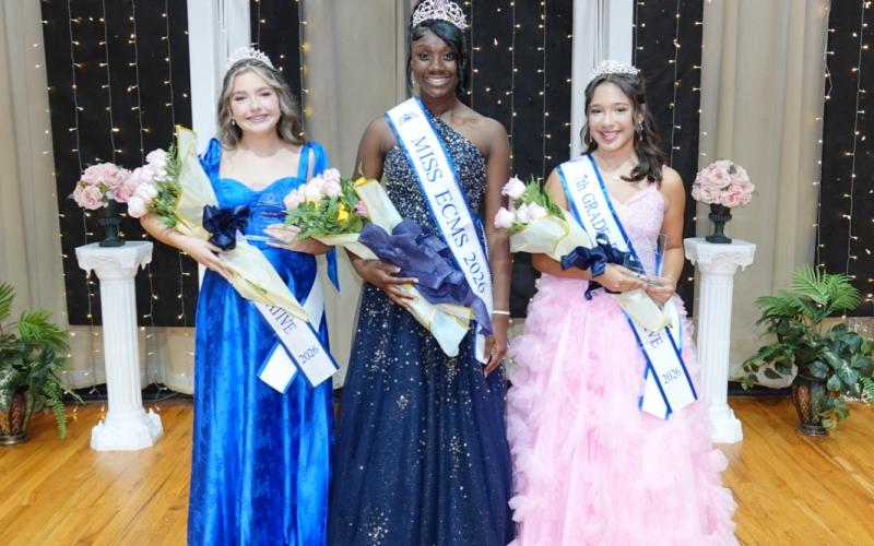 DaNyia Little (middle) was crowned Miss ECMS while Gracie Madrigal (right) was named the seventh grade representative and Rease McElroy (left) was named the sixth grade representative. (Photo courtesy of Liza Miller)