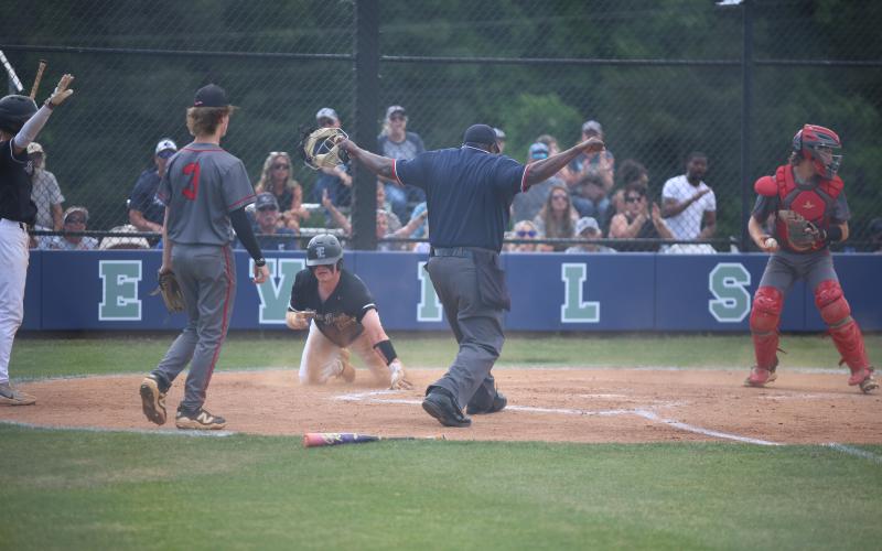 Alex Higginnbotham slides into home and is ruled safe. He drew a team-high five walks across Elbert’s two wins over Chattooga. (Photo by Bo Underwood)