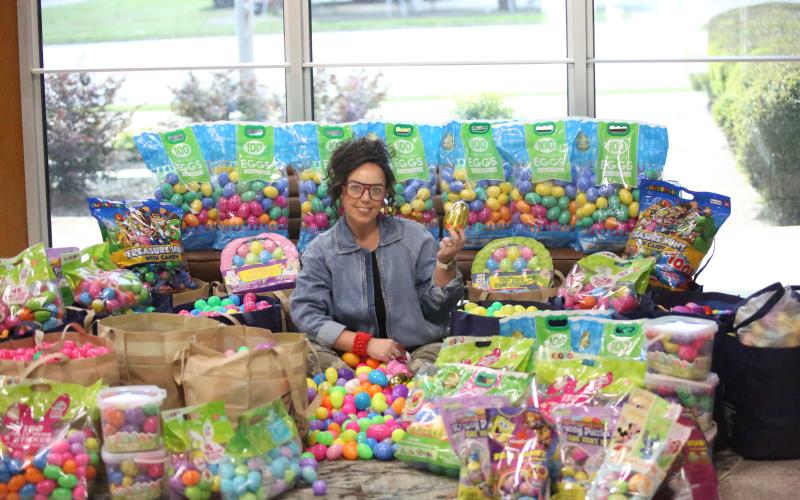 Main Street Elberton's Crystal Beebe sits with over 8,000 eggs that are ready to be hidden as part of Main Street's annual Easter Eggstravaganza. The event is scheduled for April 2 at 6:15 p.m. at Sutton Park (Photo by Bo Underwood)