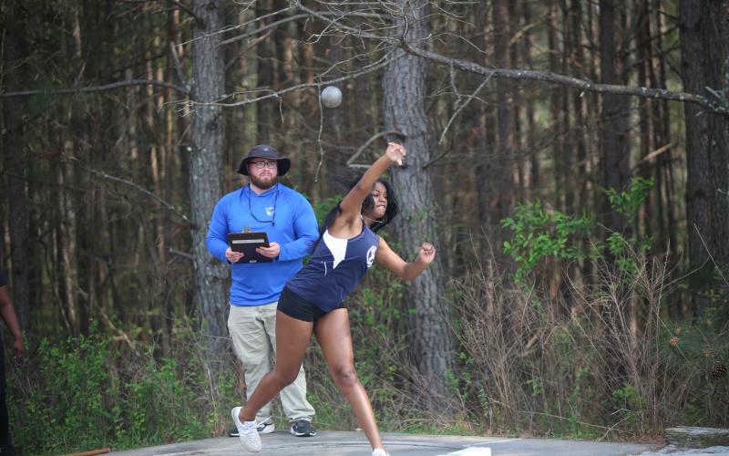 Autumn Davis competes in the shot put at Elbert County’s home meet on March 31. (Photo by Bo Underwood)