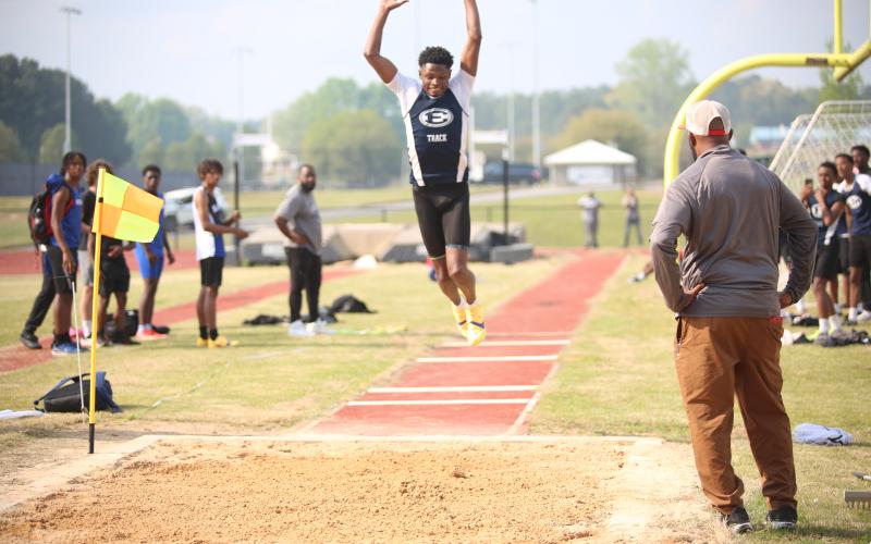 D.K. Winn competes in the triple jump at Elbert County’s home meet on March 31. (Photo by Bo Underwood)