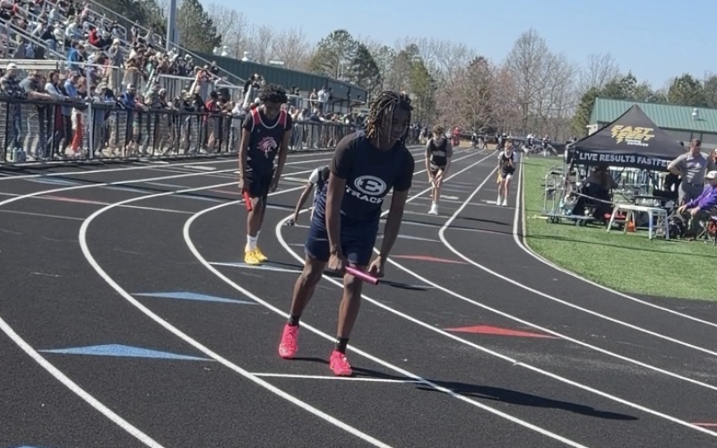 Elbert County’s Kadeem Williams prepares to run a relay race. (Photo courtesy of Tyson Cade)