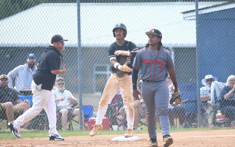 Jose Rodriguez celebrates after stealing a base. (Photo by Bo Underwood)