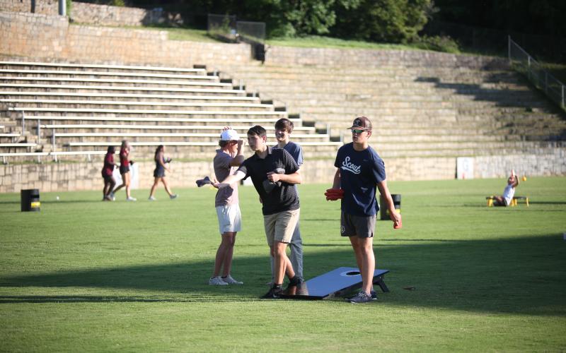 Members of Elbert County's golf team play cornhole at last year's state championship welcome party. (Photo by Bo Underwood)