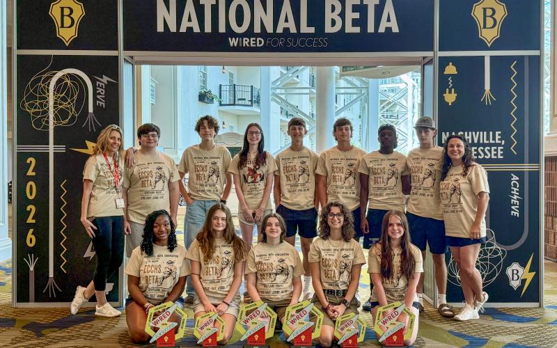 The Elbert County Comprehensive High School Beta Club won a host of awards at the annual National Convention held June 16 through June 20. Pictured alongside their awards are (front row, L-R) Jurnee Porter, Marley Geyer, Kaylee Harvey, Kennedy Ray, Sequoia Singleton and (back row, L-R) Marie Roach, Tristan McCall, Jibril Engelhardt, Peyton Roach, Harrison Ray, Ty Johnson, Avery Newman, Mitchell Wheeler and Megan Ray. (Photo courtesy of Marie Roach)