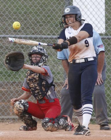 Lady Blue Devil senior Morgan Cavanaugh connects for a single in Elbert’s 8-7 seventh-inning win over Clarke Central Aug. 20 at King Field in Elberton (Photo by Cary Best) 