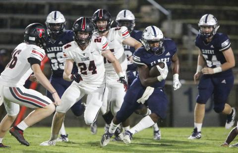 Blue Devil junior running back C.J. Tate returns a kickoff to the 44-yard line in the second quarter in Elbert County’s 28-24 home loss to North Oconee Sept. 13 in the Granite Bowl. (Photo by Cary Best)