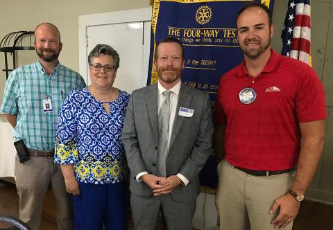 At last week’s Rotary Club of Elberton meeting County Commission Chairman Lee Vaughn (second from right) discussed several subjects, including widening of Highway 17. Shown with Vaughn after the meeting are (L-R) County Code Enforcement Officer Allen Hulme, Rotarian Janet Wiley and (right) Rotary President Robert Chandler. (Photo by Jones)