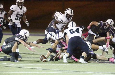 Blue Devils and Panthers fight for a loose ball in a Region 8-AA match-up which had three fumbles and three interceptions in Union County’s 35-14 win over Elbert County Friday night Oct. 4 in Blairsville.