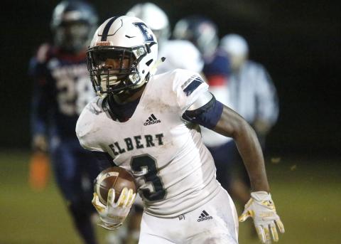Blue Devil senior running back Shun Allen rushed for 177 yards and four touchdowns in Elbert County’s 56-7 win at Putnam County Nov. 1 in Eatonton. (Photo by Cary Best)  