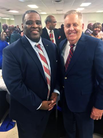 Clarke County School Superintendent Dr. Desmond Means (left) spoke to the Elbert County NAACP Saturday night at the Elberton Civic Center. Dr. Means talked with Elbert County School Superintendent Chuck Bell at the conclusion of Saturday’s 40th Annual Elbert County NAACP Banquet. (Photo by Jones) 