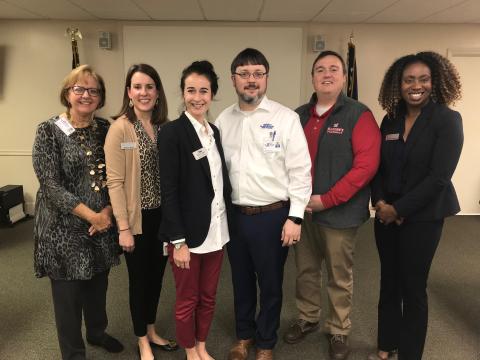 A rural health tax credit program that benefits EMH was discussed last week in the hospital’s Charles Ruff Room. Shown are (L-R) EMH Foundation’s Nancy Seymour, HEART’s Meghan Meyer, Chamber President Leslie Friedman, Elbert Memorial Hospital CEO Kerry Trapnell, Madden’s Pharmacy’s Don Piela and HEART’s Rosalyn Merrick. (Photo by Jones)