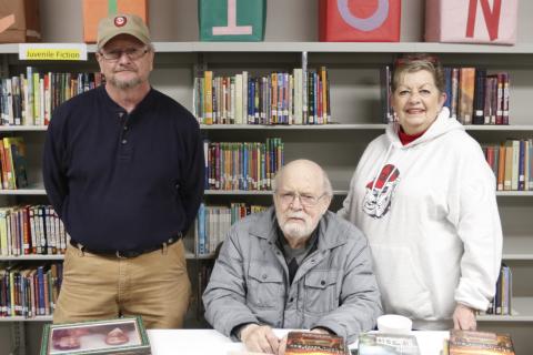 Roberta Rice (right) is pictured with council member Wade Bridges (left) and author Terry Kay at the Bowman Public Library's recent re-opening on Jan. 25.