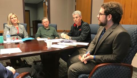Daniel Dobbins (right), Economic Developer for the Development Authority of Elbert County, Elberton and Bowman, gave his first update to the authority at Athens Tech’s Elbert County campus Thursday morning. Shown at the meeting (L-R) are authority members Dr. Andrea Daniel, Randy Smith and Greg Gunter. (Photo by Jones)