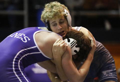 Mat Devil senior Nolan Johnson (right) defeated Monticello’s 145-pound Anderson Reid 6-0 during the 2020 6-AA Area Traditional tournament Feb. 1 in Elberton. (Photo by Cary Best)