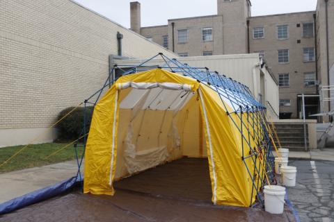 A tent was installed Monday just outside Elbert Memorial Hospital’s emergency room by the Elbert County Emergency Management Agency. (Photo by Scoggins)
