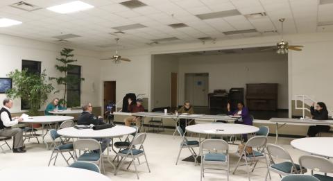 The Bowman council practiced 'social distancing' at its meeting at the Bowman Community Center Monday night. (Photo by Scoggins)