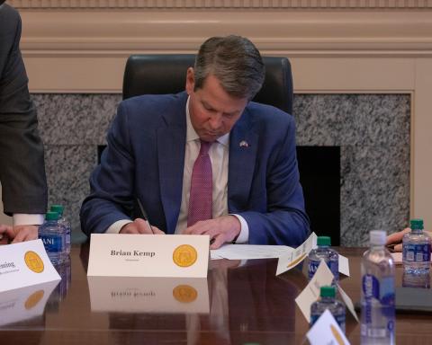 Photo from the office of Gov. Brian Kemp from a coronavirus task force meeting earlier in March
