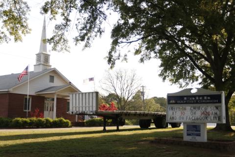 Faith Baptist Church, right outside of Bowman, has a stage set for drive-in Easter services. (Photo by Scoggins)