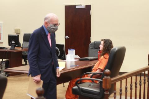 Athens attorney Jim Smith (left) represented Carrie Jill Peppers (right) in a bond hearing in Elbert County Superior Court Tuesday morning. Peppers is charged with second degree murder and second degree child cruelty in connection with the death of her eight-week-old son on May 29. (Photo by Scoggins) 