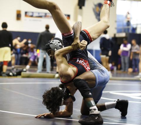 Senior Tyshawn Hughes secured his 100th career win Dec. 19 in the Oconee County Tommy Warren Duals. (File photo by Scoggins)