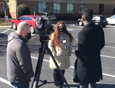 The Medical Center of Elberton's Practice Administrator Brooke McDowell talks to a WYFF 4 camera crew outside The Medical Center Thursday afternoon. (Photo by Jones)