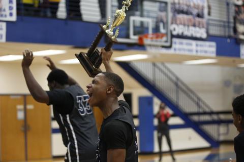 Blue Devil Jamil Burton celebrates the Devils’ Region Championship win at Banks County High School Thursday, Feb. 18. (Photo by Scoggins) 