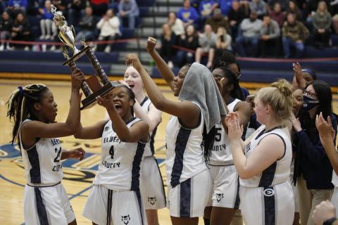Lady Devils Jamia and Jameria Allen, Lilly Ray and Brenasia Faust celebrate the Lady Devils' Region Championship win at Banks County High School Thursday, Feb. 18. (Photo by Scoggins) 