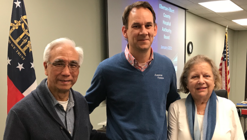 Dr. Glenn Poon (left) and Gail Lavender (right), who combined served 17 years on the Elbert Memorial Hospital Authority Board, were honored by Authority Chairman Daniel Graves at last week’s board meeting. Poon served 10 years on the authority board while Lavender served seven. (Photo by Jones)
