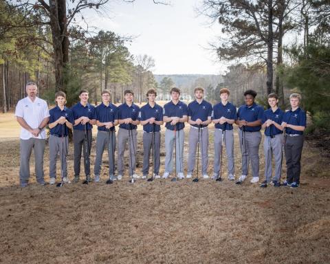 The Elbert County Blue Devil golf team consists of (L-R) Coach Larry Kesler, Slate Crook, Alex Dunbrack, Jake Harper, Thomas Brady, Levi Johnson, Brady Starrett, Ethan Cone, Braydon Scarborough, Kamuri Willis, Landon Cagle and Hayden Marunich. 