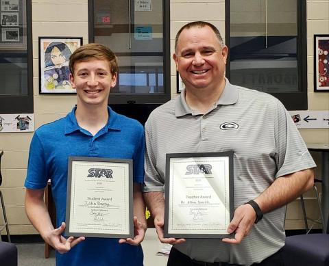 STAR Student at Elbert County Comprehensive High School (ECCHS) for 2020-2021 is Justin Bastyr (left), according to an announcement made by ECCHS and the Elbert County Chamber of Commerce. As his STAR Teacher for the year, Bastyr selected his AP Statistics teacher, Alton Smith (right). 
