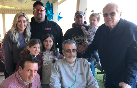After more than a month in an Athens hospital with COVID-19, including time spent on a ventilator, Rick Burton came home to a celebration set up by his family and friends. Shown are (front, L-R) his brother Johnny Burton, Rick and his father, Garland; behind Johnny and Rick (L-R) are Isabella and Blakely; and in the back are Bailee, Blake, Brad and Ruby Grace. (Photo by Jones)