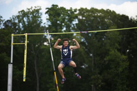 Senior Thomas Vaughn reacts to claiming the AA pole vault state championship Friday, May 14 at McEachern High School in Power Springs. Vaughn finished by clearing 14 feet and is the first state champion pole vaulter in Elbert County. (Photo by Scoggins) 
