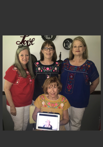 World travelers visiting in Elberton (standing, L-R) two weekends ago included hostess Twyla Lovinggood, Sharon Taylor, Camille Kateb and Diane Hughes (seated with Shenna Shepard on Zoom). (Photo by Jones) 