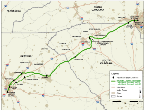 Long-range planners have released potential routes for a high-speed rail line between Atlanta and Charlotte.