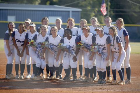 The Elbert County Lady Devils softball team honored the five Lady Devil seniors before Monday’s last regular season home game at Wesley King Field. Pictured before the game were (front row, L-R) seniors Chesnee Brown, Liberty Burnette, Chantille Syphore, Dallas Dean and Makenley Rorick and freshman Hannah Brady; (back row, L-R) Emalise Andrews, Carmen Burden, Miller Drake, Reagan Baker, Jaynee Webb, Ava Lunsford, Emily Booth, Jayda Wood, Lilly Ray and Katelyn Edwards. (Photo by Scoggins)