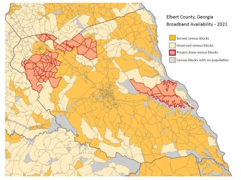 The areas in light red are the areas ElbertonNET is considering for a new broadband expansion in 2022.