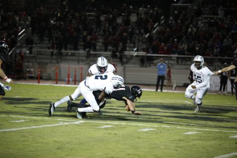 Senior Trez White sacks Wildcat quarterback and University of Georgia football commit Gunnar Stockton for a four-yard loss during the Blue Devils’ 45-7 region loss against Rabun County Friday, Oct. 22 in Tiger. (Photo by Scoggins)