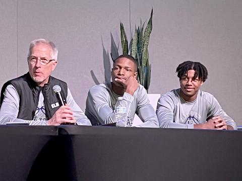 Elbert County boys basketball coach Don Hurlburt listens to a question along with players (from left) Jamil Burton and Trustin Allen. (Photo by Matthew Osborne, CNI News Service) 